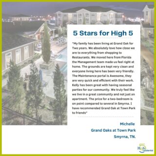 It's Feedback Friday and today we are sharing a recent review from one of our amazing residents at Grand Oaks at Town Park located in Smyrna Tn.  We want to give the entire team at Grand Oaks a big HIGH 5 for always making their residents feel right at home. 
🖐
 #high5residential #apartmentsforrent #propertymanagement #forrent #multifamily #apartmentdecor #grandoaksattownpark #smyrnatn #smyrnaapartments #FeedbackFriday #reviewsmatter #weloveourresidents #appreciationpost #nowleasing